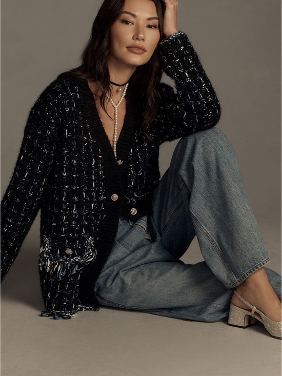 Anthropologie Sweaters - Anthropologie Black Tweed Cardigan with Blue and White Accents